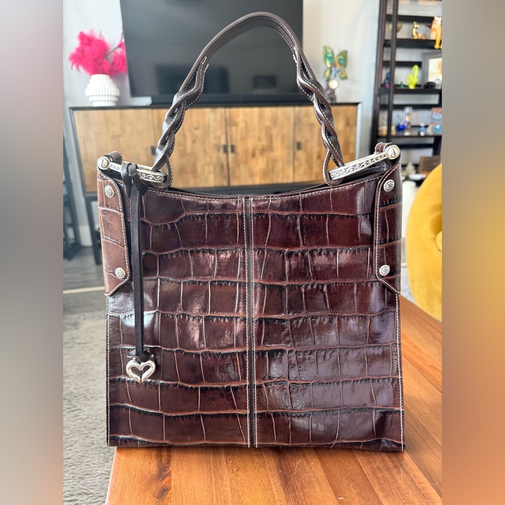 Brighton Brown Leather Croc Bucket Bag - Picture 3 of 16